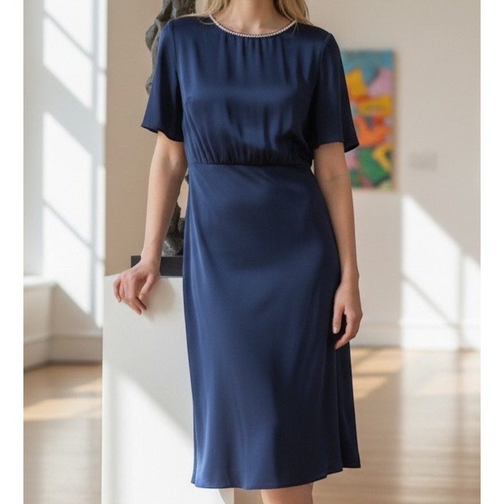 Christian Dior Dress Women 10 Navy Blue Silk Rhinestone Keyhole Du Soir